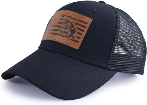 American Flag with Bass Trucker Hats for Men, Adjustable Leather Patch Mesh Fishing Baseball Cap