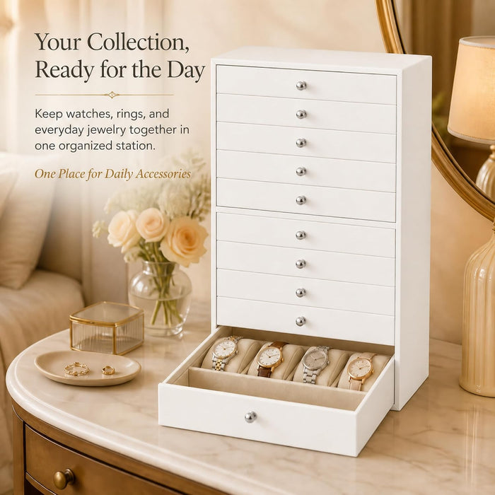 Large Jewelry Box, Jewelry Case with 10 Drawers for Big and Small Jewelry, Jewelry Storage Organizer for Watch Earrings Necklace Rings Bracelets, Birthday Wedding Gifts, White