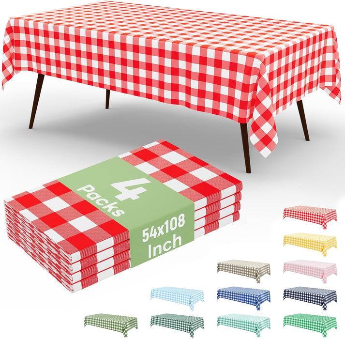 4 Packs Buffalo Disposable Table Cloth, 54 x 108 Inch Waterproof Plastic Tablecloth, Rectangle Red and White Checkered T