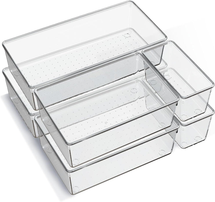 6 Pack Large Clear Plastic Drawer Organizer Trays, Acrylic Kitchen Drawer Organization and Storage Dividers, Non-Slip St