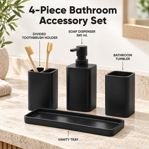 Matte Black Bathroom Accessories Set, 4-Piece Bathroom Accessory Set with Soap Dispenser, Toothbrush Holder, Tumbler and Vanity Tray, Polyresin Countertop Organizer