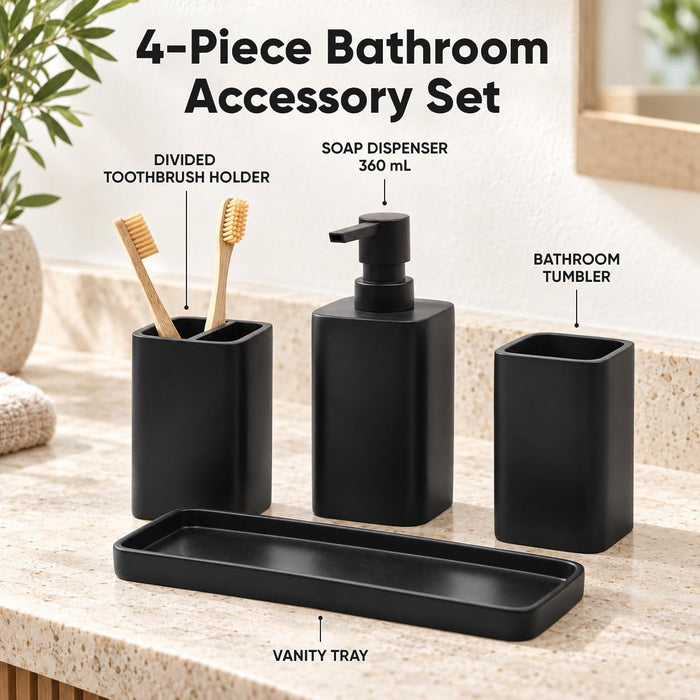 Matte Black Bathroom Accessories Set, 4-Piece Bathroom Accessory Set with Soap Dispenser, Toothbrush Holder, Tumbler and Vanity Tray, Polyresin Countertop Organizer