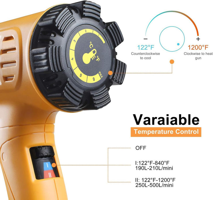 1800W Heat Gun Variable Temp 122℉-1202℉ for Crafts, Shrink Wrap