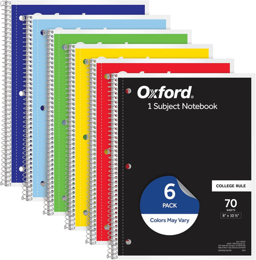 Spiral Notebook 6 Pack, 1 Subject, College Ruled Paper, 8 x 10-1/2 Inch, Color Assortment Design May Vary (65007)