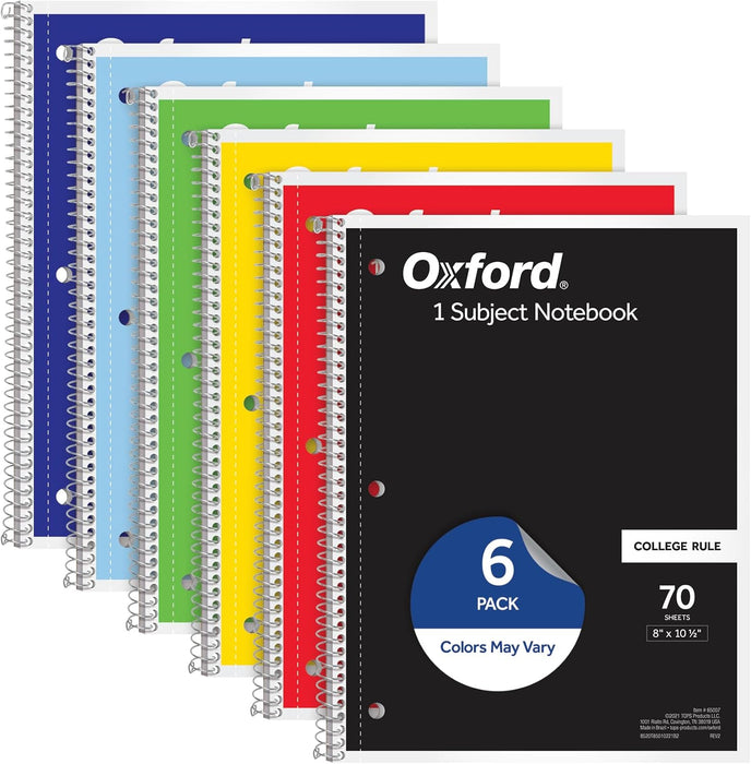 Spiral Notebook 6 Pack, 1 Subject, College Ruled Paper, 8 x 10-1/2 Inch, Color Assortment Design May Vary (65007)