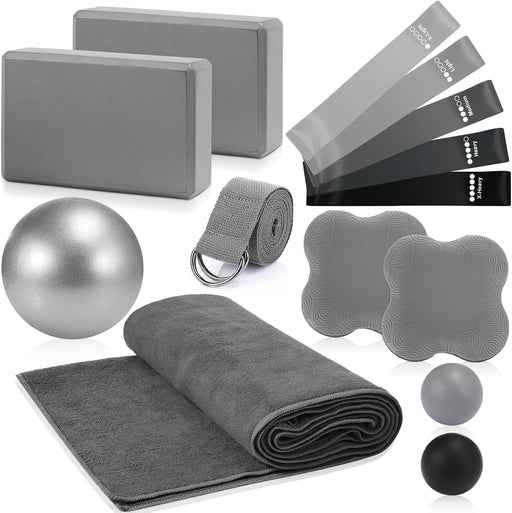 14 Pcs Yoga Kits for Home Workouts Pilates Equipment Set for Women Beginners, Hot Yoga Towel Blocks Strap, Knee Pad, Res