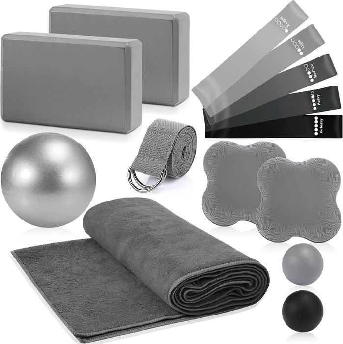 14 Pcs Yoga Kits for Home Workouts Pilates Equipment Set for Women Beginners, Hot Yoga Towel Blocks Strap, Knee Pad, Res