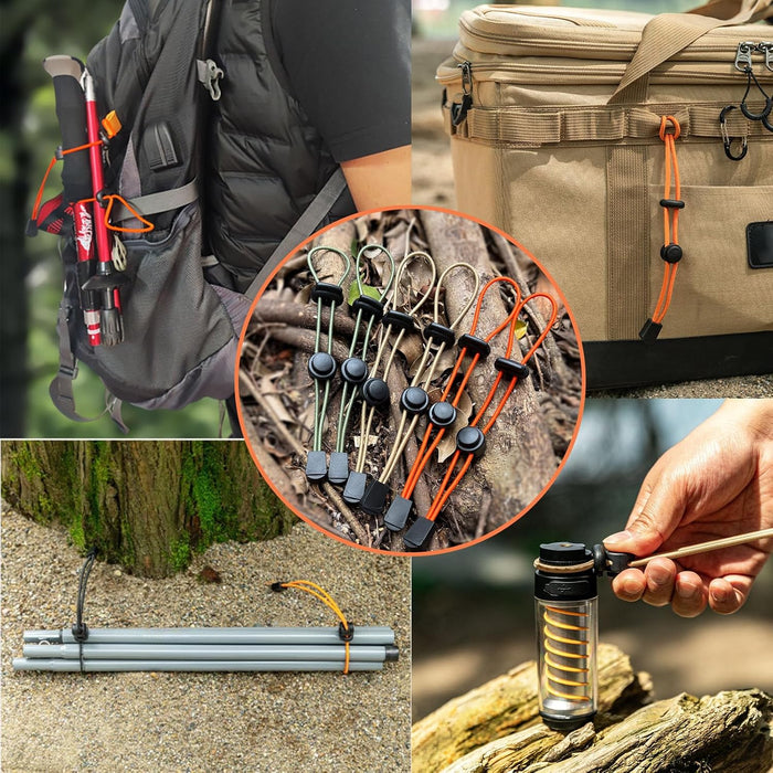 6-Pack Elastic Rope Fasteners - Backpack Accessories for Organizing Gear, Trekking Poles, or Camping Equipment (Army Green/Khaki/Orange)