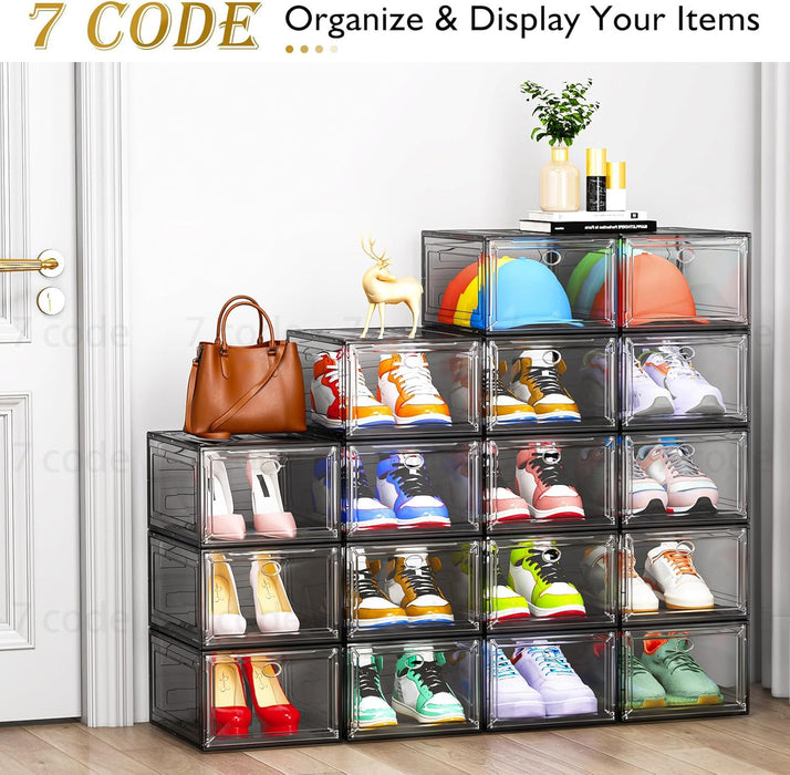 Sturdy Clear Shoe Organizer with Magnetic Door, Stackable Shoe Storage Box