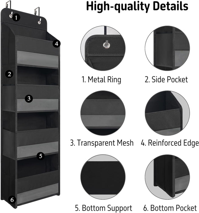 Black Over Door Organizer with 4 Front Pockets and 4 Side Mesh Pockets, Compact Hanging Door Storage for Closet, Bathroom, Bedroom, Dorm, Nursery, Toys, Cosmetics, Baby Essentials