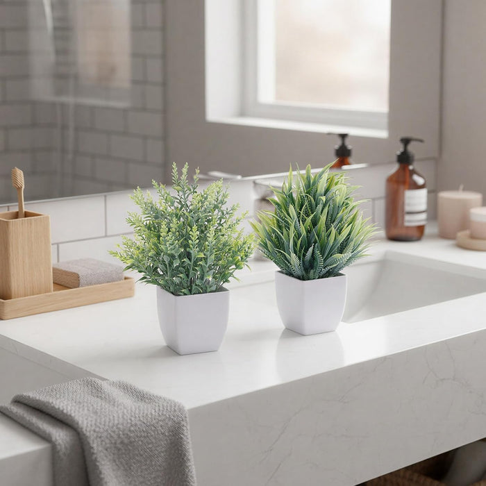 Fake Plants 4 Packs Small Artificial Plants Mini White Potted Greenery Bathroom Accessories Decorations for Desk Bathroom Office Home Room Kitchen Table Decor Indoor