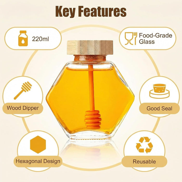 1PC 380ml Clear Glass Refillable Hexagon Shape Honey Pot Jar with Wooden Dipper Sticks and Lid Syrup Dispenser Container Empty Bottle Food Storage for Home Kitchen