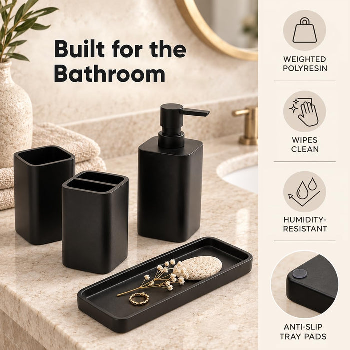 Matte Black Bathroom Accessories Set, 4-Piece Bathroom Accessory Set with Soap Dispenser, Toothbrush Holder, Tumbler and Vanity Tray, Polyresin Countertop Organizer