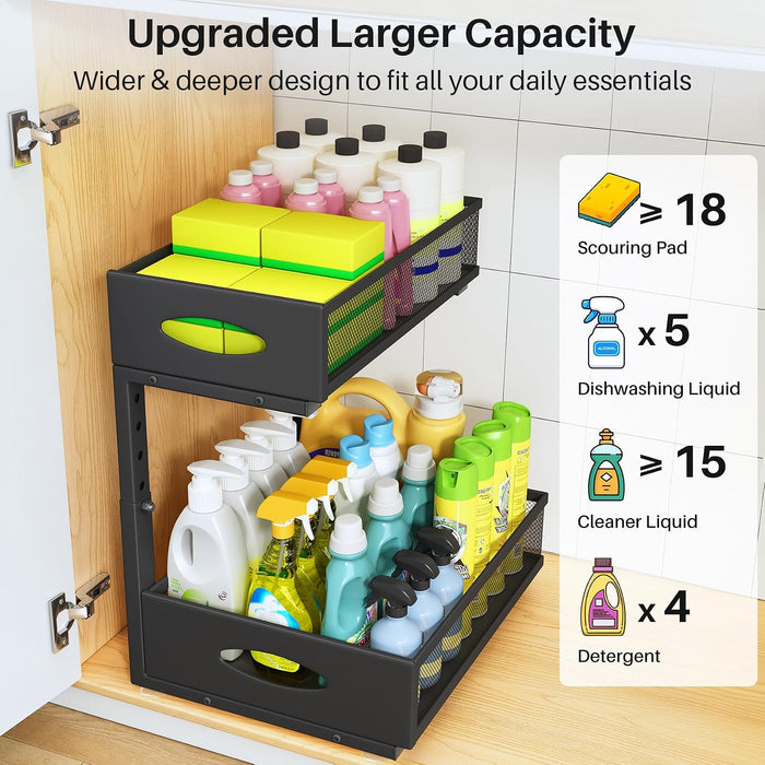 Under Sink Organizer, 2 Pack 2 Tier Pull Out Under Cabinet Organizer Shelf with Pad for Framed Cabinets, Metal Slide Out