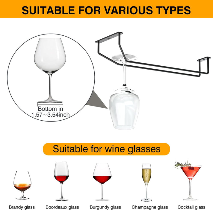 14-Inch Wine Glass Holder - Under Cabinet Metal Stemware Rack for Kitchen Bar - Single Rail Hanging Storage Hanger, Set 