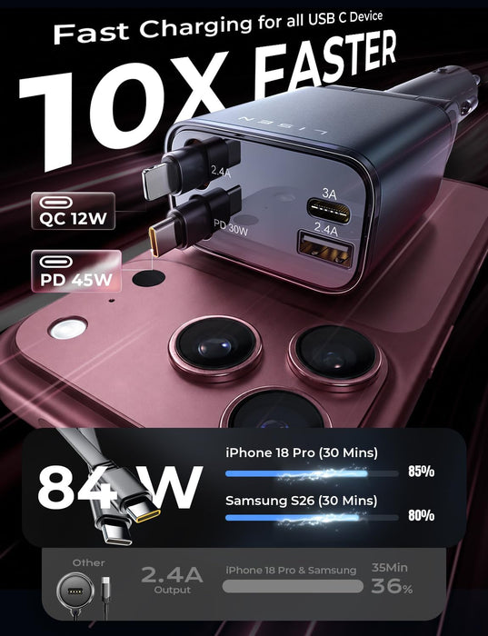 Retractable Car Charger, 84W Car Charger USB C Fast Charge, 4 in 1