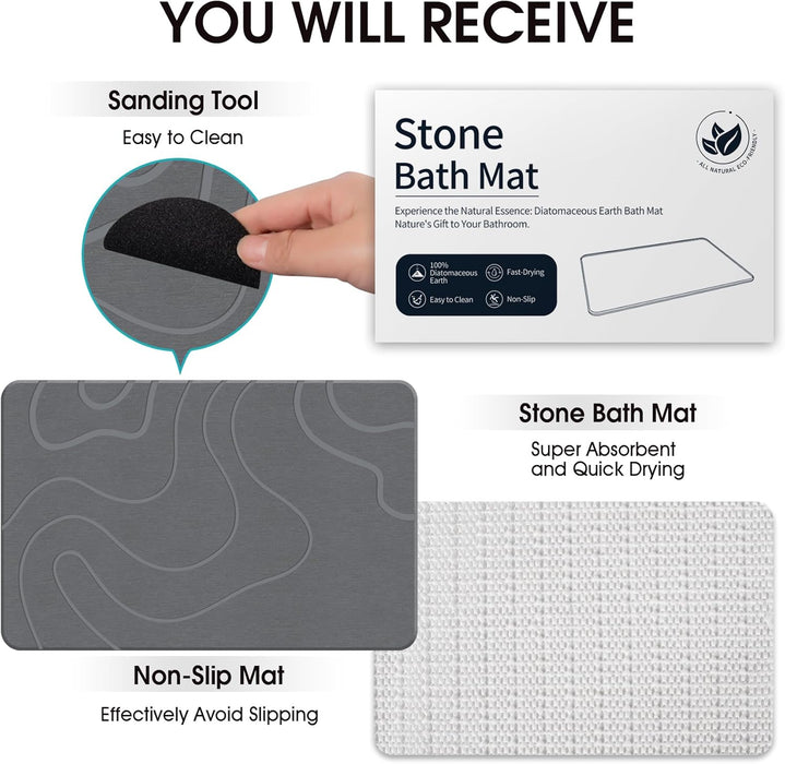 Stone Bath Mat for Bathroom, Diatomaceous Earth Shower Mat, Quick Dry, Grey