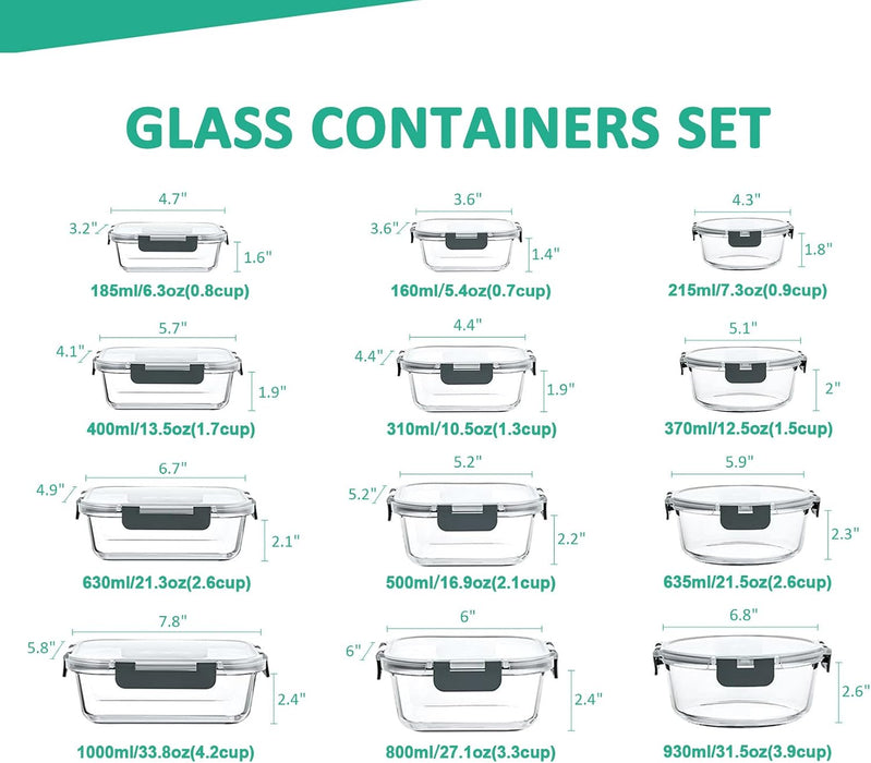 24 Pieces Glass Food Storage Containers Set, Gray