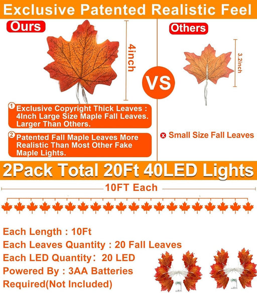 Fall Decor 2 Pack Fall Garland with Lights Enlarged Maple Leaves 20Ft 40LED