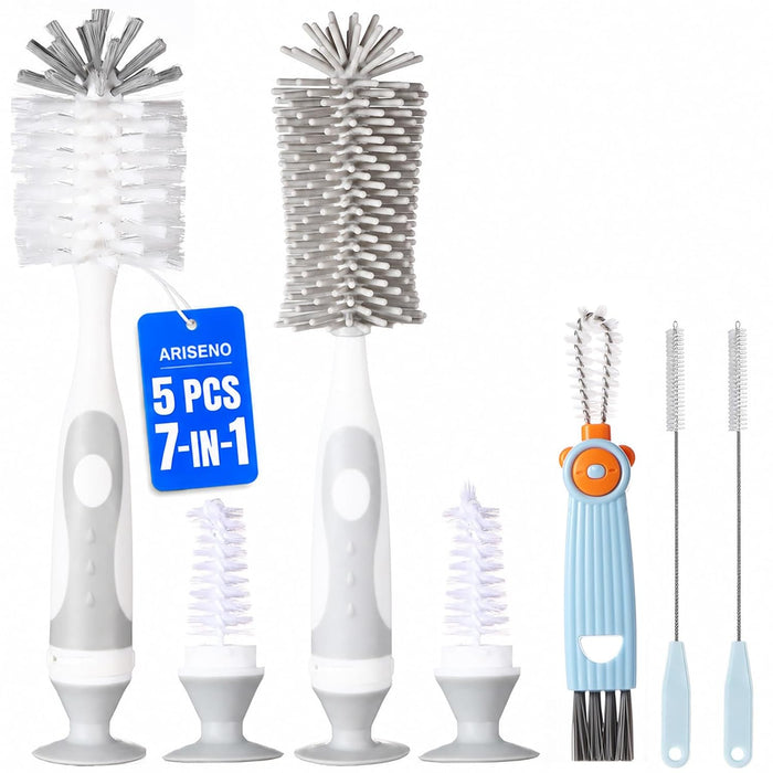 7-in-1 Baby Bottle Cleaner Set, Including Nylon & Silicone Bottle Brush, Cap, Straw & Nipple Brushes, BPA-Free (Gray)