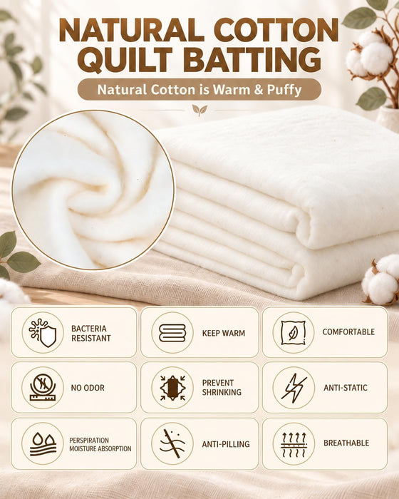 79"x91" Natural Cotton Batting for Quilting, 200g/m²