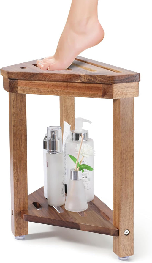 Shower Foot Rest 14in, Acacia Wood Shower Stool for Shaving Legs, Waterproof Corner Shower Stool with Storage Shelf for 
