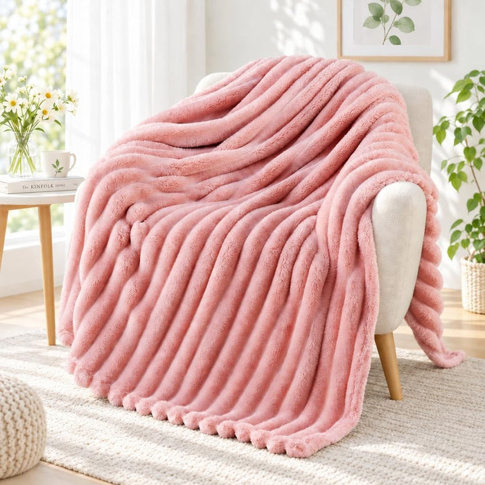 Striped Fleece Throw Blanket for Couch, Sofa, Pink