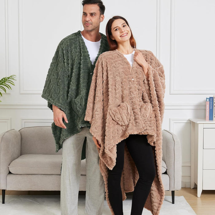 Wearable Blanket Poncho Cape Wrap for Adult, Cozy Sherpa Fleece Pocketed Shawl TV Throw Blankets for Office and Lounge,G