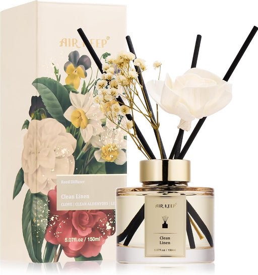 Flower Reed Diffusers Set, 5.07 oz Clean Linen Scented Oil Diffuser with 8 Reed Sticks, Home Fragrance Diffuser Gift Set for Bathroom & Office Decor 150ml
