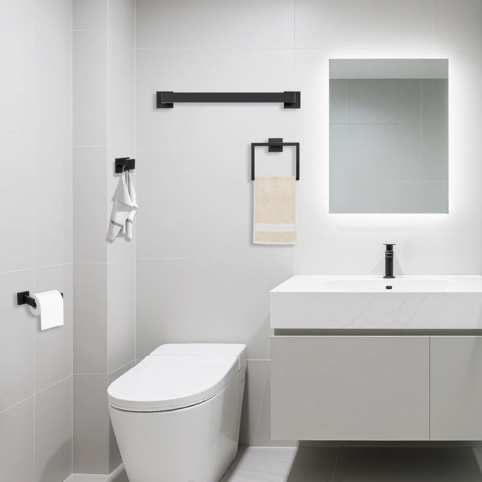 5 Piece Bathroom Towel Holder - 15.7 Inch Towel Bar - Matte Black