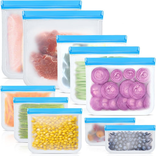 Reusable Silicone Food Storage Bags, 10 Pack 4 Size Leak proof Dishwasher Safe Reusable Freezer Bags for Food Storage Co