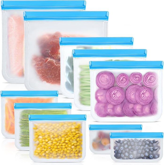 Reusable Silicone Food Storage Bags, 10 Pack 4 Size Leak proof Dishwasher Safe Reusable Freezer Bags for Food Storage Co