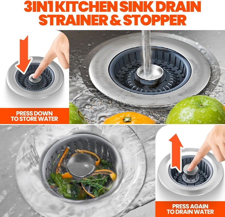3 in 1 Kitchen Sink Drain Strainer and Stopper Silver 1 Pack