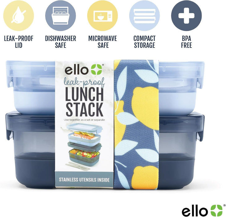 Lunch Stack Bento Box Plastic Food Containers, 2 Pack, Blueberry