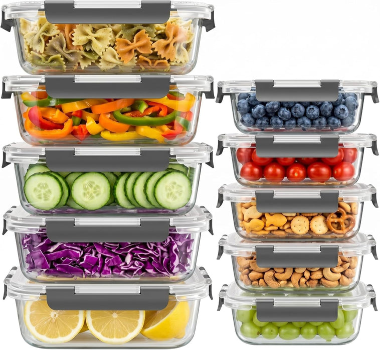 10 Sets 36 oz & 12 oz Glass Food Storage Containers with lids, Gray