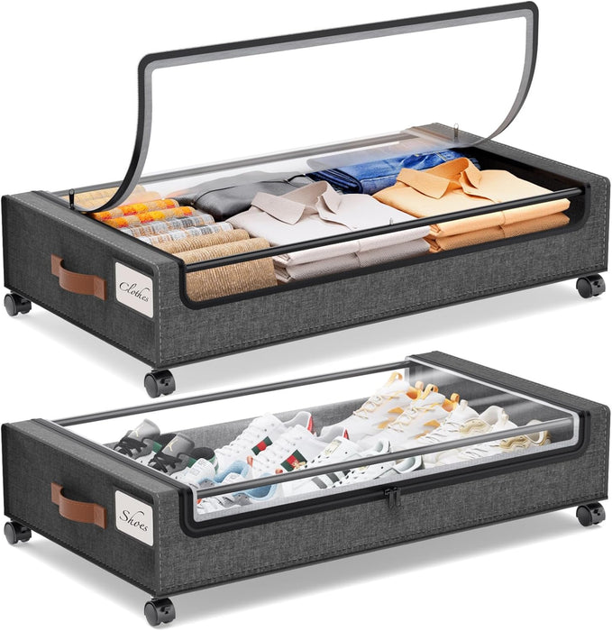 Under Bed Storage with Wheels, 2Pack Under Bed Storage Containers, Underbed Shoe Storage Organizer, Rolling Under Bed Metal Drawers for Clothes, Blankets(30.71 x 16.93 x 6.69 in)