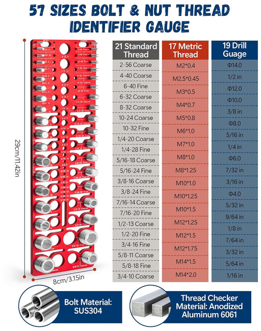 57 Nut and Bolt Thread Checker with 21 Standard &17 Metric &19 Drill Gauges