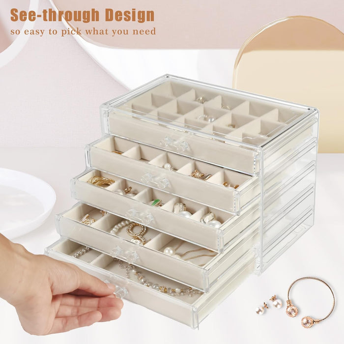 Earring Organizer 5 Drawers Acrylic Jewelry Box for Women, Warm White