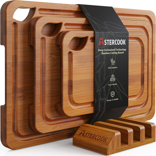 Deep-Carbonized Bamboo Cutting Boards for Kitchen with Wood Storage Stand, Reversible Charcuterie & Chopping Boards with