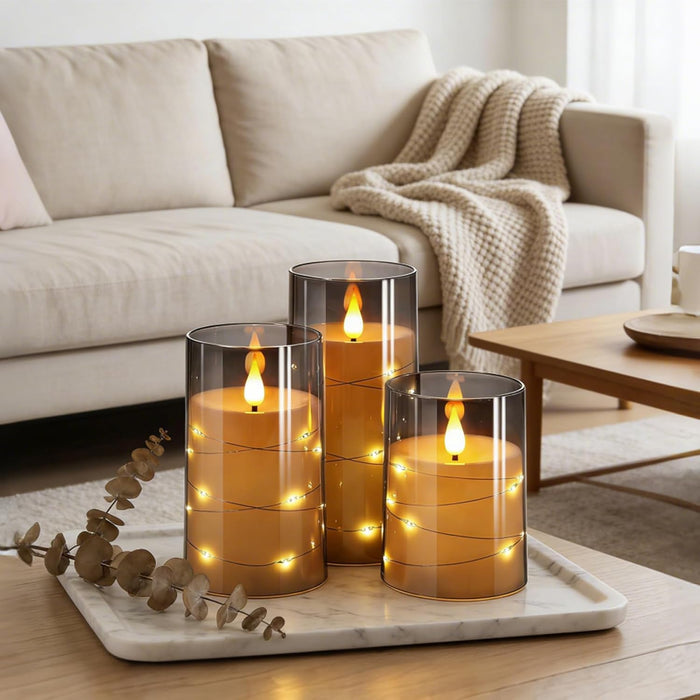 Flickering Flameless Candles: Built-in Star String Lights 3D Wick Acrylic Battery Operated LED Pillar Candles with Remote and Timer for Fall Halloween Christmas Home Decoration - 3 Pack Gray