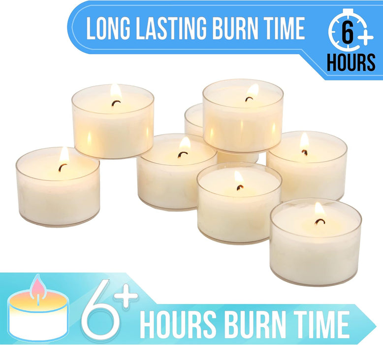 96 Count White Unscented Smokeless Long Burning Clear Cup Tea Light Candles with 6 to 7 Hour Burn Time