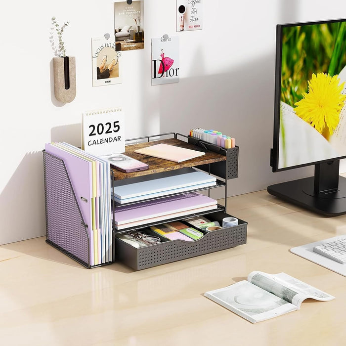 Wood Desk Organizers and Accessories with File Holder & Catalog Racks