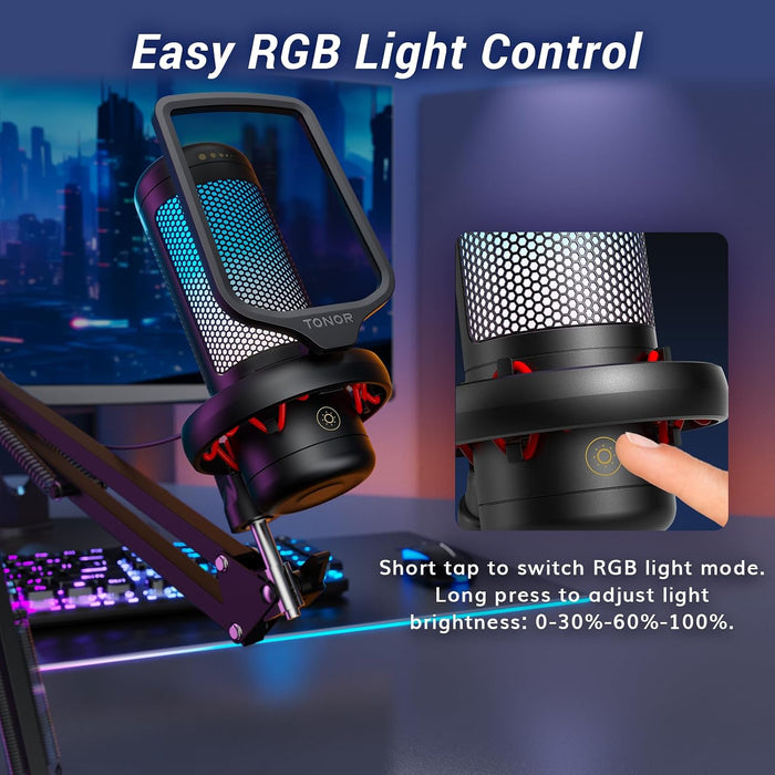 Gaming Microphone Set with Boom Arm, Vocal Condenser Microphone for Content Creators, USB Mic for PC with Stand, RGB, Tap Mute, Gain Control, Gaming Equipemnt, Twitch, Streaming, TC310+