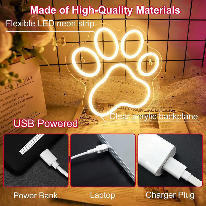 Dog Cat Paw Neon Sign for Wall Decor, Warm White Puppy Foot Print LED Signs