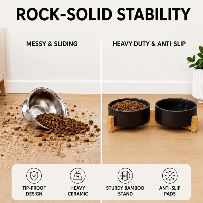 Ceramic Dog and Cat Bowl Set with Wooden Stand, Modern Cute Weighted Food Water Set for Small Size Dogs (13.5OZ) & Medium Sized Dogs (28.7OZ) & Cats (1.7 Cups, 2 × Black)