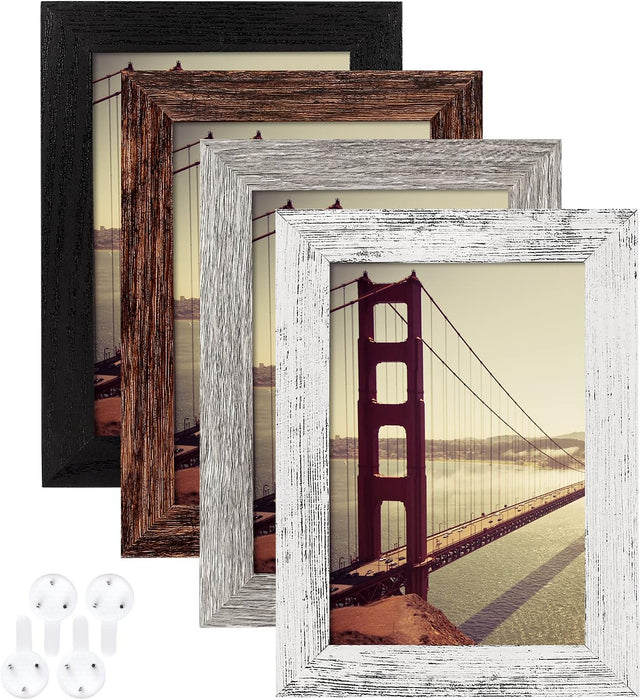 4x6 Picture Frame Distressed Farmhouse Wood Pattern Set of 4,Display 3.5x5 with Mat or 4x6 Without Mat,Multicolour
