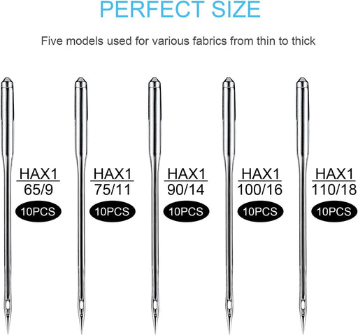 Sewing Machine Needles 50 PCS HAX1 Universal 5 Sizes Compatible with Singer