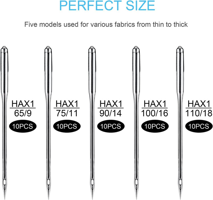 Sewing Machine Needles 50 PCS HAX1 Universal 5 Sizes Compatible with Singer