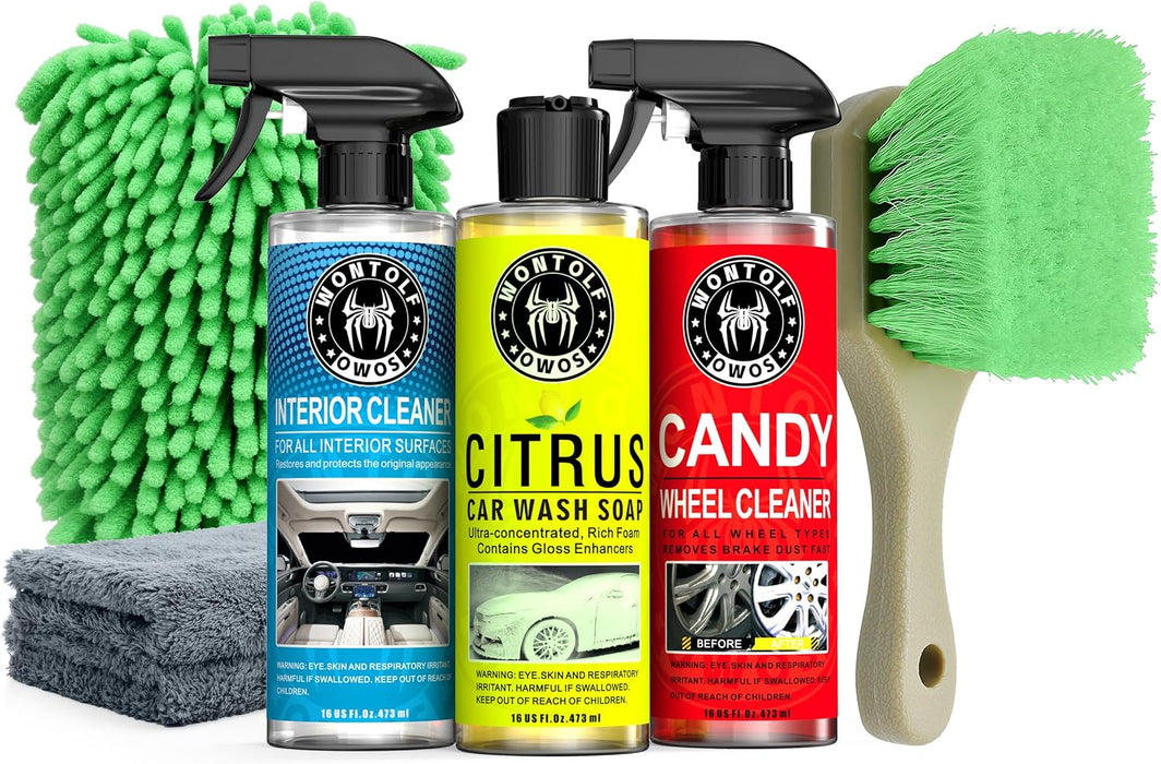 Complete Car Wash Cleaning Kit, Car Interior Detailing Kit with Car Wash Soap, Interior Detailing Cleaner, Wheel Cleaner, Wheel Brush, Dying Towel, for Cars Trucks RVs SUVs
