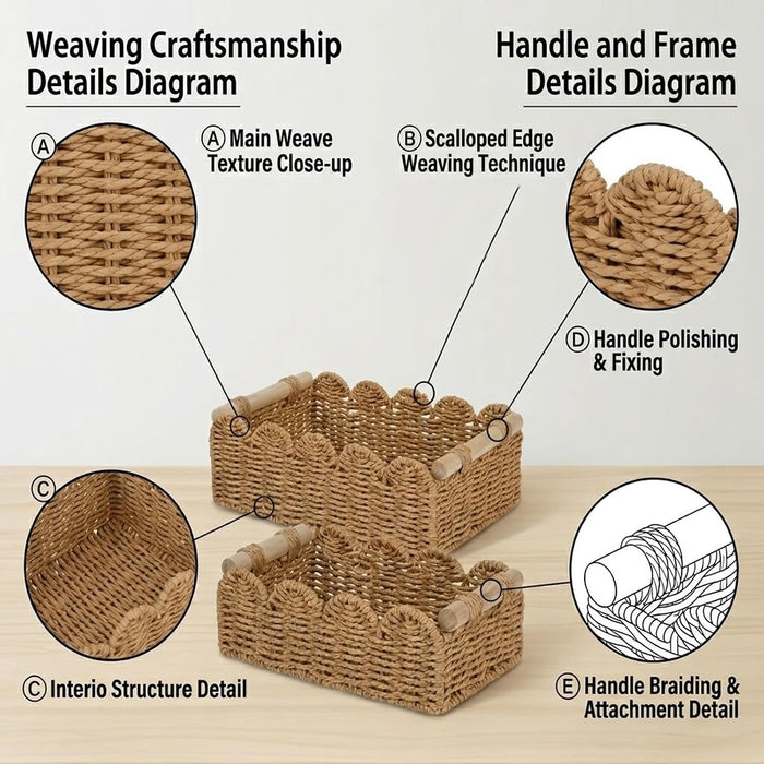 2 Set Scalloped Wicker Storage Baskets for Shelves,For Home Decor, Toilet